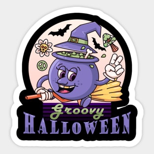 Groovy Halloween. Retro cartoon cauldron with broom flying peacefully Sticker